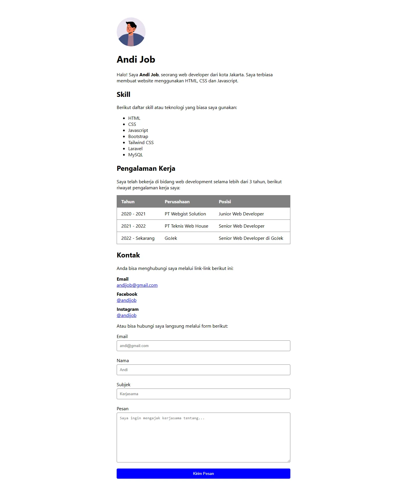 Hasil Akhir Website Pribadi Dengan Style