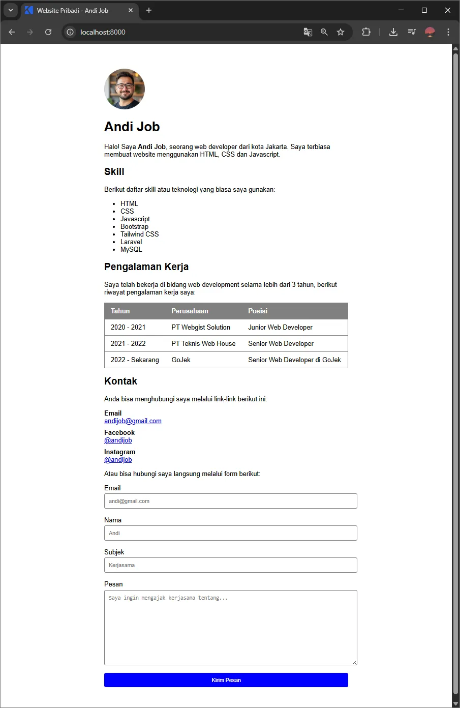 Website pribadi setelah ditambahkan styling