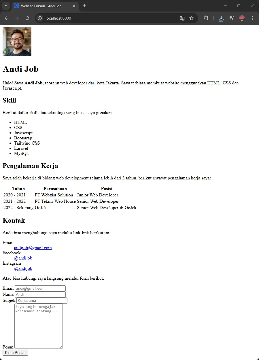 Website pribadi sebelum ditambahkan styling